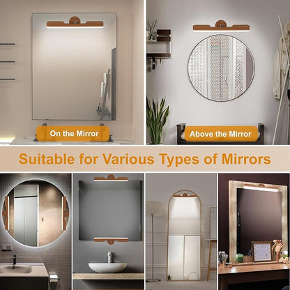 Benreom Vanity Light for Mirror with 4000mAh Rechargeable Battery, Touch Control Dimmable Makeup Light with 3 Color Modes, Magnetic 360° Adjustable LED Bathroom Mirror Light, Light Wood