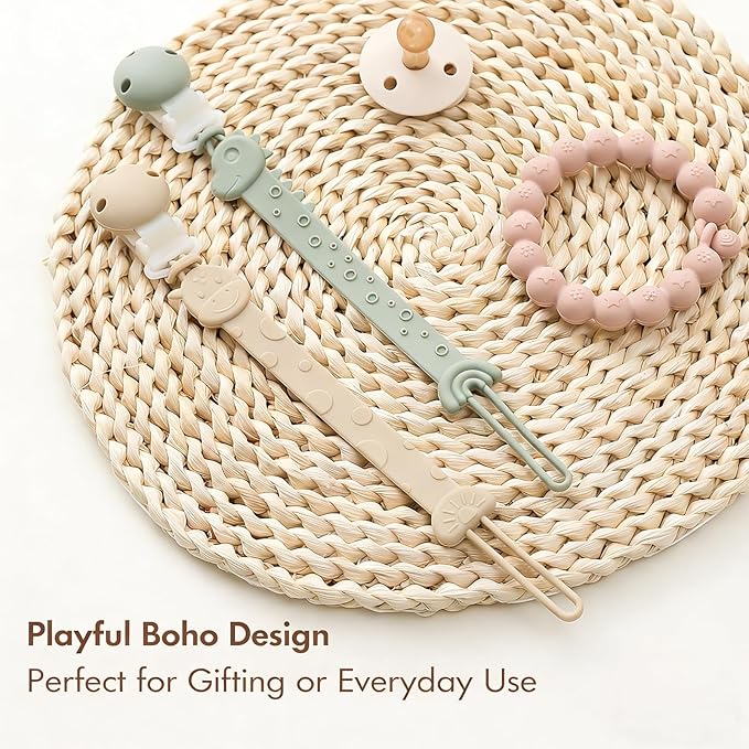Pacifier Clips for Baby Boys Girls, One-Piece Silicone Pacifier Holder Strap 4 Pack, Binky Paci Clips Animal Rainbow Design, Lightweight Break-Resistant, Dishwasher Safe-Ivory+Sage