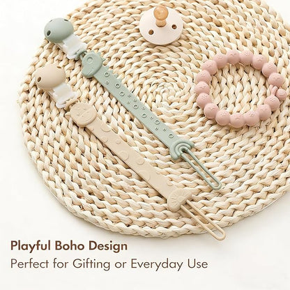 Pacifier Clips for Baby Boys Girls, One-Piece Silicone Pacifier Holder Strap 4 Pack, Binky Paci Clips Animal Rainbow Design, Lightweight Break-Resistant, Dishwasher Safe-Ivory+Sage