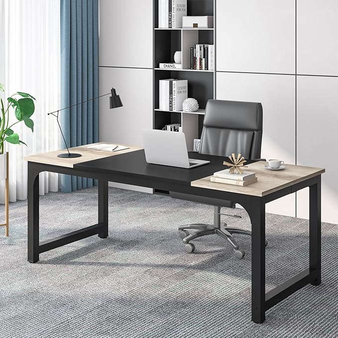 Tribesigns 70.8”Executive Desk, Large Office Computer Desk with Thicken Frame, Modern Simple Workstation Business Furniture for Home Office, Vintage Grey/Black