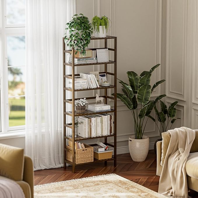 HITNET Bookcase, Bamboo Bookshelf, 6-Tier Adjustable Tall Open Book Shelf, Free Standing Storage Shelves Organizer, Flower Plant Display Stand, Walnut