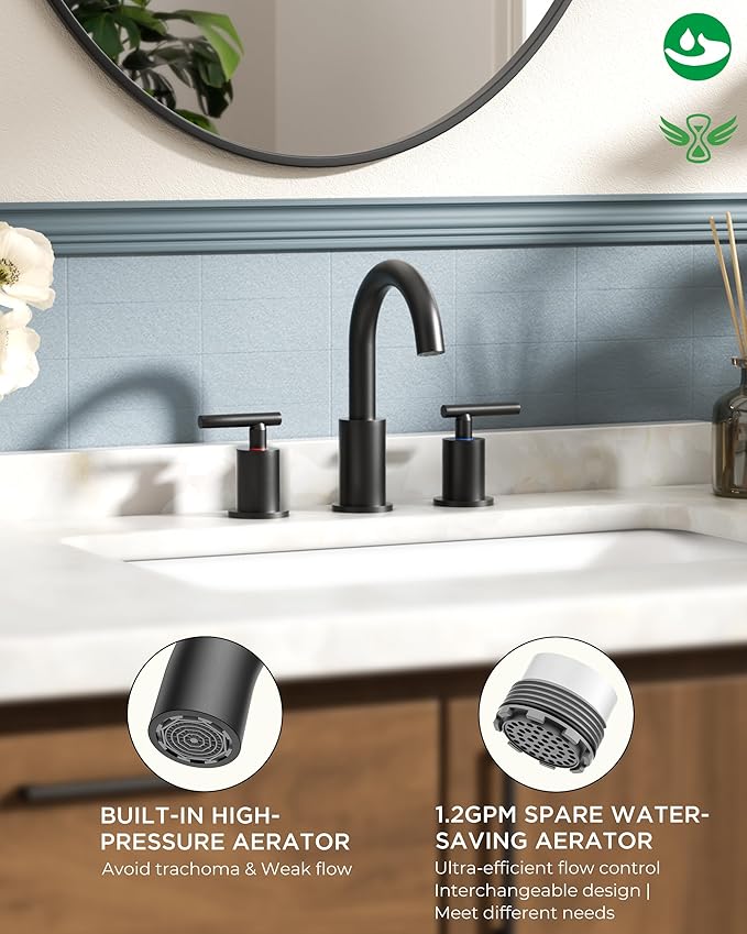 FORIOUS Bathroom Faucets 3 Hole, Matte Black Bathroom Sink Faucet 3 Hole Vanity with 360° Swivel Spout, Suitable for 8 Inch Widespread Sink with Metal Pop-up Drain and cUPC Supply Line, Commercial