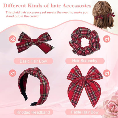 5 Pcs Plaid Headband Set - Padded Scrunchies Bow, Christmas Hair Clips Accessories for Girls (Red)