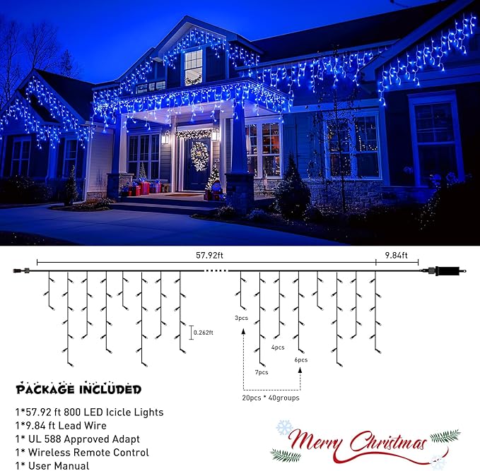 JMEXSUSS 800 LED Blue Icicle Christmas Lights Outdoor, Icicle Lights for Outside with 160 Drops, Blue Christmas String Lights Indoor Outdoor for Party Holiday Christmas Decoration