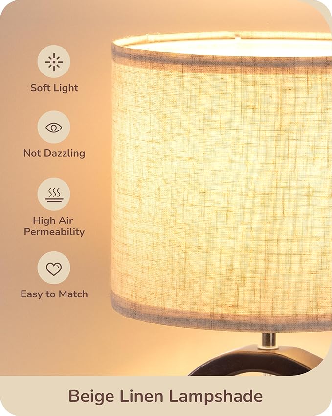 EDISHINE 13.4" Wood Table Lamp, Small Bedside Lamp with Beige Linen Lampshade & ON-Off Switch, E26 Base, Modern Nightstand Lamp for Living Room, Bedroom, Dark Walnut