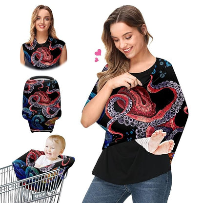 Baby Car Seat Stroller Covers Ocean Octopus Waves Fish Nursing Cover Breastfeeding Scarf Soft Breathable Stretchy Infant Car Canopy Coverage Carseat Cover for Boys and Girls Multi Use