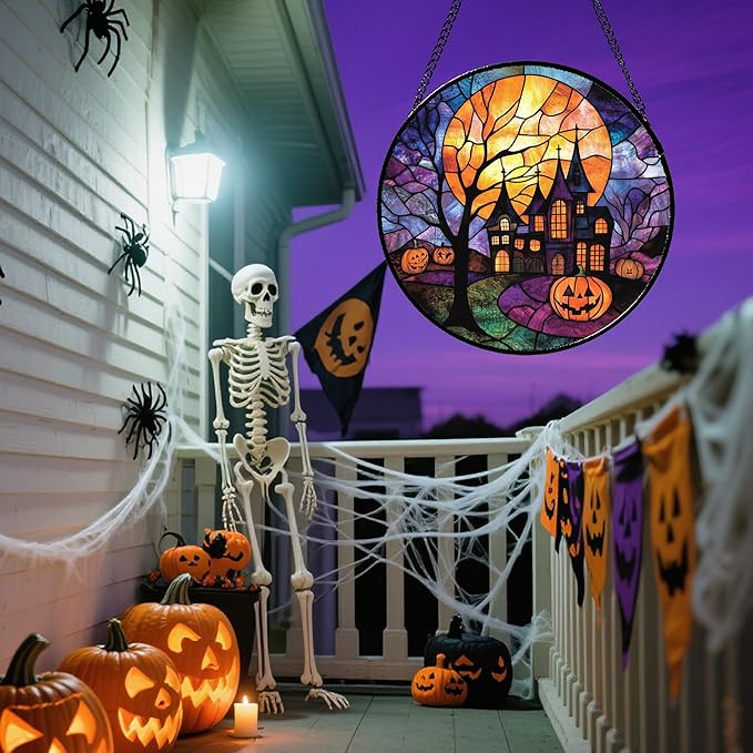 Stained Glass Window Hanging Halloween Horror Pumpkin 9.8" - Suncatcher Door Garden Sunroom Golden Moon Church Sun Catcher Birthday for Friend Mom Men Woman Nana