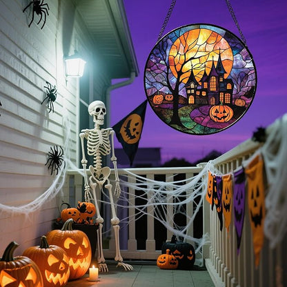 Stained Glass Window Hanging Halloween Horror Pumpkin 9.8" - Suncatcher Door Garden Sunroom Golden Moon Church Sun Catcher Birthday for Friend Mom Men Woman Nana