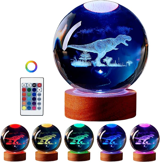 Dinosaur Crystal Ball Lamp, 3D K9 T-Rex, 3.15in USB Powered, 16 Colors Change, Remote Control, Night Light with Wooden Base, Gift Box