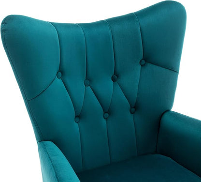 Container Furniture Direct Modern Chic Mid-Century Velvet Accent Armchair for Living Room, Bedroom, or Home Office, Button-Tufted Wingback Design with Gold Flared Legs, Dark Teal