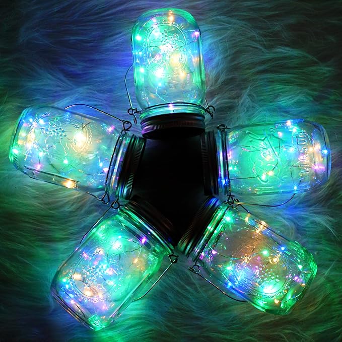 SmilingTown Solar Mason Jar String Light Lids 12 Pack 30 LED Fairy Firefly Inserts Lighting with 12 Hangers Waterproof for Outdoor Tree Patio Lawn Garden Decor, No Jars (Multi-Colored)