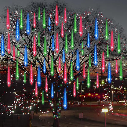 Adecorty Christmas Lights Outdoor Tree Cascading Icicle Light 8 Tubes 192LED Shooting Star Waterfall Meteor Shower Falling Rain Lights for Xmas Decorations Wedding Party New Year (Multi Color)