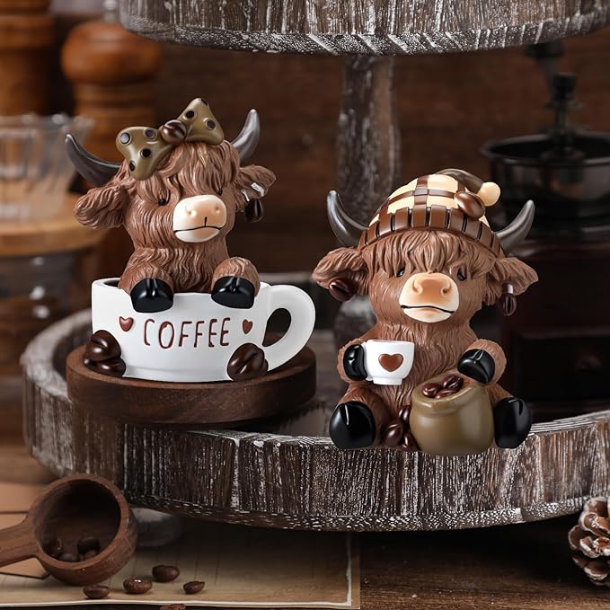 Wesiti 2 Pcs Highland Cow Figurines Coffee Highland Cow Gnomes Scottish Resin Statue Calf Lovers Gifts for Christmas Home Garden Kitchen Office Tiered Tray Table Decor