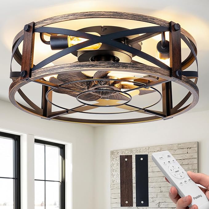 Passky 20" Farmhouse Flush Mount Ceiling Fans with Lights and Remote, Industrial Black Caged Low Profile Fandelier, 6 Speeds Bladeless Ceiling Fan for Bedroom, Kitchen, Living Room