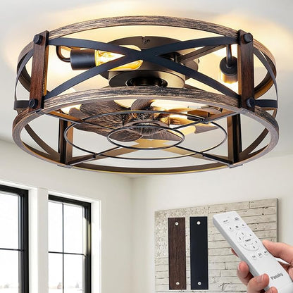Passky 20" Farmhouse Flush Mount Ceiling Fans with Lights and Remote, Industrial Black Caged Low Profile Fandelier, 6 Speeds Bladeless Ceiling Fan for Bedroom, Kitchen, Living Room