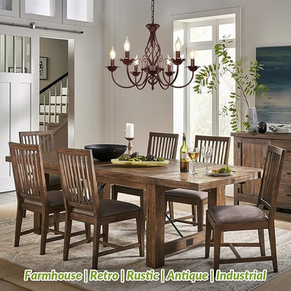 6-Light Farmhouse Candle Chandelier for Living Room, Rustic Industrial Pendant Ceiling Light fixture, Vintage Hanging Lamp for Bedroom Hallway Kitchen Dining Room Foyer, E12 Socket, Oil Rubbed Brown