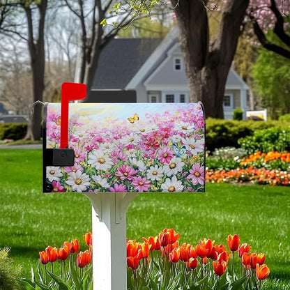 Pink Flower Mailbox Cover Summer Butterfly Mailbox Covers Magnetic Standard Size Spring Daisy Mail Box Wrap Colorful Floral Post Letter Box Cover 21x18 inch for Garden Farmhouse Outdoor Decoration