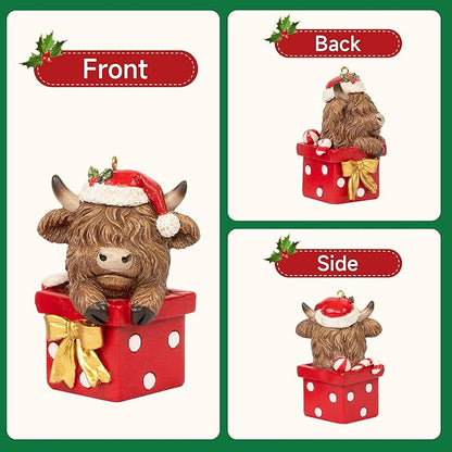 Christmas Highland Cow Figurines Decor, 3 PCS Small Christmas Cows Hidden in Barrel/Bucket/Gift Box, Hanging Ornaments Xmas Resin Statue for Garden Bathroom Kitchen Home Table Decorations
