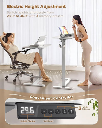 Electric Adjustable Height Standing Desk - Small Sit Stand Portable Rolling Laptop Table with Hidden Wheels, Small Computer Workstation for Bedside & Home Office Use (28"x16", White)