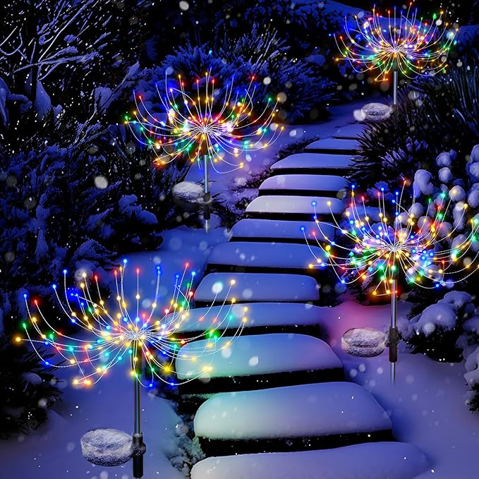 Solar Sparkles Landscape Light Garden Fairy Colorful Light Outside Solar Fireworks Lights Outdoor Waterproof 120 LED Decorative Nightlight Outdoor for Yard Patio Pathway Lawn Party Decor, 4 Pack