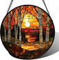 Stained Glass Window Hanging, Orange Red Landscape Forest Lake Moon Suncatcher for Doors Window Home Sun Catchers Decor Mother's Day Birthday Gifts for Women Men Mom 15 in