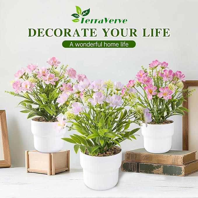2-Piece Potted Artificial Freesia Flowers | Lifelike Indoor Plants for Home, Office, Bedroom, Bathroom Decor | Rustic Farmhouse Style Artificial Greenery