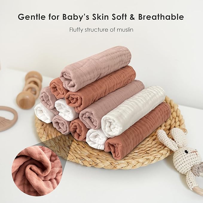 Sunny zzzZZ Baby Muslin Washcloths -100% Cotton Muslin Soft Absorbent Large Baby Bath Wash Cloths for Newborns Kids Girls and Boys -12 Pack, 12x12 Inches - White+Light Bean Paste Series