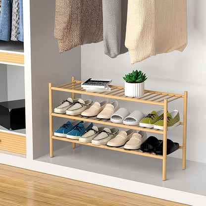 3-Tier Bamboo Long Shoe Rack, Free Standing Wood Shoe Shelf Storage Organizer for Closet Entryway Stackable 35"x11"x20" (Natural)
