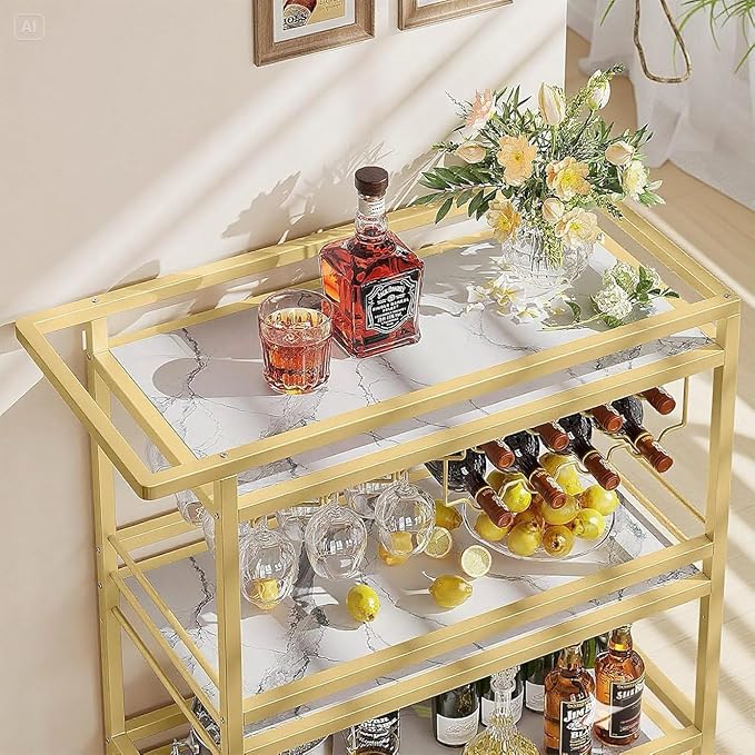 Leteuke Bar Cart for Home, 3 Tier Gold Serving Rolling Carts with Wheels, Drink Cart, Liquor Stand with Marbled Wooden Shelves, Wine Rack and Glass Holder for Kitchen, Dining Room