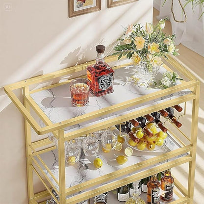 Leteuke Bar Cart for Home, 3 Tier Gold Serving Rolling Carts with Wheels, Drink Cart, Liquor Stand with Marbled Wooden Shelves, Wine Rack and Glass Holder for Kitchen, Dining Room