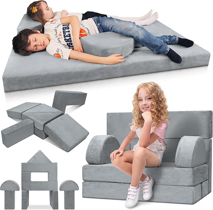 Lunix LX22 11pcs Modular Kids Play Couch, Child Sectional Sofa, Fortplay Bedroom and Playroom Furniture for Toddlers, Convertible Foam and Floor Cushion for Boys and Girls, Gray