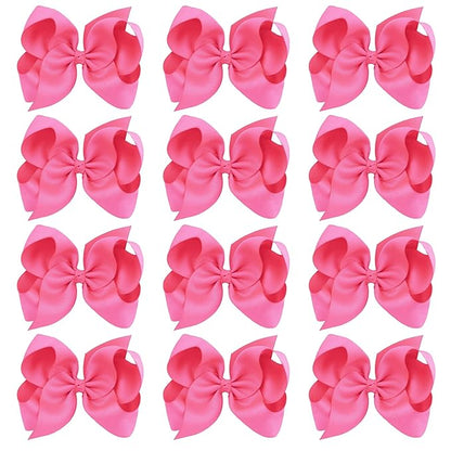 Oaoleer Big Hair Bows for Girls 12 PCS 6" Hot Pink Grosgrain Ribbon Large Boutique Bow Alligator Clips Hair Accessories for Toddlers Little Girls Kids