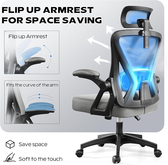 Ergonomic Office Chair, Home Office Desk Chair with Headrest, High Back Mesh Chair with Flip-up Armrests, Comfy Desk Chair with Lumbar Support, Rolling Swivel Task Computer Chair for Home Office