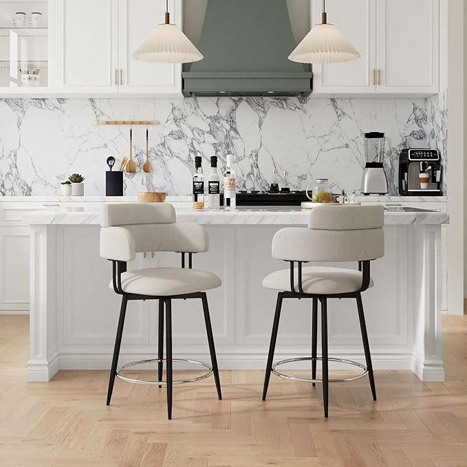 Swivel Bar Stools Set of 2, Counter Height Bar Stools with Ergonomic Full Back, Upholstered Linen Fabric Barstools with Chrome Metal Footrest for Kitchen Island, Dining Room