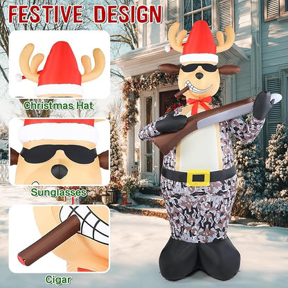 Christmas Inflatable Outdoor Decorations, 7FT Inflatables Camouflage Reindeer Yard Decor with Hat & Gun, LED Lights Blow up Giant Deer Holiday Decoration for Indoor Outside Lawn Garden Soldier Army