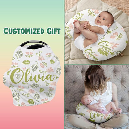 Personalised Car Seat Cover for Babies - Multi-use Carseat Canopy Cover with Name, Car Seat Covers, Christmas Birthday Gifts for Infant Boys and Girls Light Green Flower