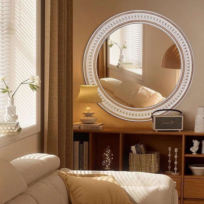 32'' Boho Wooden Large Round Wall Mirrors, Rustic Farmhouse Circle Mirrors Decorative Mirrors for Bathroom, Bedroom Over Sink, Living Room, Entryway