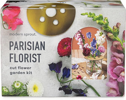 Modern Sprout Travel Trio Parisian Flower Shop; Travel-Inspired Seed Kit with Brass Flower Frog, Organic Seed Starting; Gardening Gift