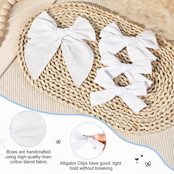 DEEKA 4 PCS White Cotton Linen Hair Bows 3 Styles 5" & 4" Handmade Hair Bow set for Toddler Girls Alligator Hair Clips Knot Bows Hair Accessories for Little School Girls (White)
