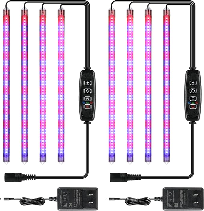 iPower 20W LED Plant Grow Light Strips Full Spectrum for Indoor Plants with Auto ON/Off 3/9/12H Timer, 10 Dimmable Levels 48 LEDs Per Tude, for Hydroponics Succulent, 4 Tubes*2, Red&Blue