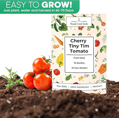 Woods Creek Seeds: Tiny Tim Tomato Seeds for Planting - Heirloom Tomato Seeds for Planting Outdoors, Indoors, Patio or Home Plant Garden - Non-GMO Seed Pack of Dwarf Cherry Tomatoes