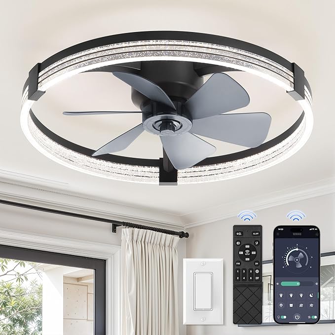 ZMISHIBO Low Profile Ceiling Fans with Lights, Flush Mount Modern Ceiling Fan and Remote Control, 23" LED Ceiling Fans, Stepless Dimmable 3 Colors and 6 Speeds