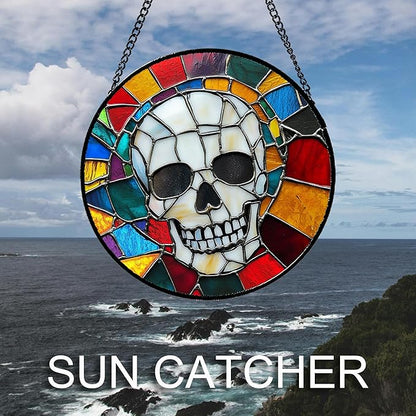Stained Glass Window Hanging Halloween Horror White Skull Large 15" - Suncatcher Door Garden Kitchen Sun Catcher Home Gothic Decor Birthday for Mom Men Woman Friend Grandma