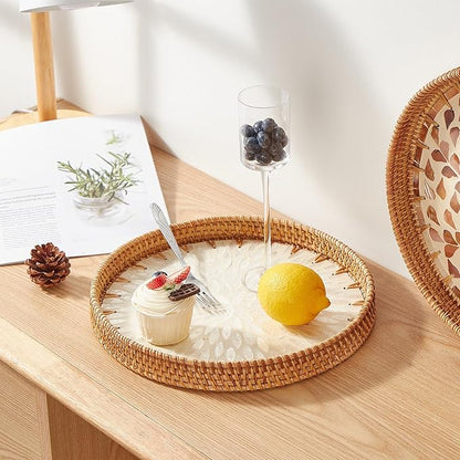 Round Rattan Tray with Mother of Pearl Inlay, Rattan Serving Tray with Wooden Base, Decorative Wicker Basket for Table Decor, Storage and Display of Coffee Bread Food Fruit (Leaf 2)