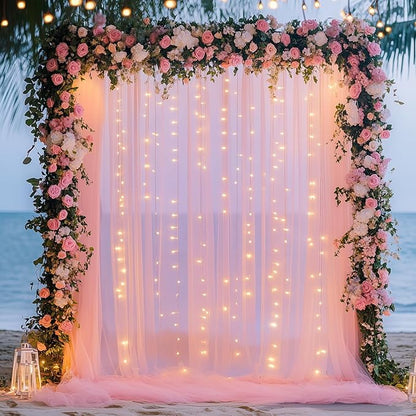 Fomcet Peach Tulle Backdrop Curtains with Lights String 10FT X 10FT Sheer Curtain with Lights for Backdrop Tulle Curtain for Wedding Birthday Party Photo Shoot (2 Panels 5x10FT)