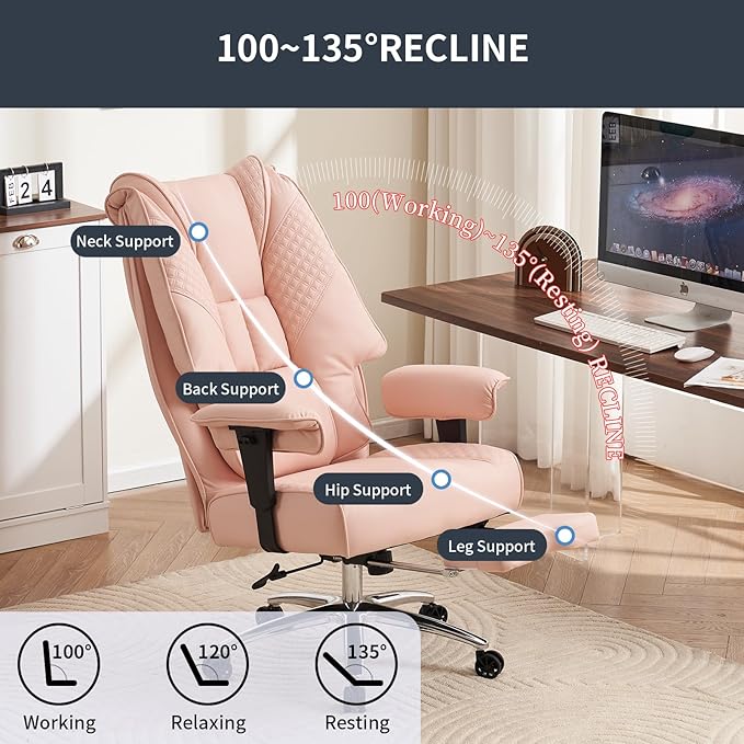 Big and Tall Office Chair 400lbs Wide Seat, Leather High Back Executive Office Chair with Foot Rest, Ergonomic Chairs Lumbar Support for Lower Back Pain Relief (Light Pink)