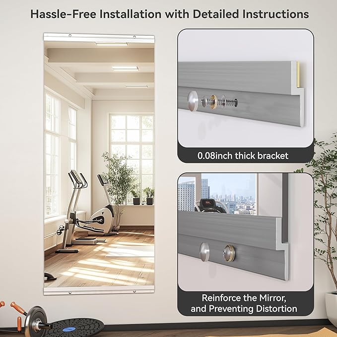 Hasipu Home Gym Mirror 51" L x 17" W - 3PCS Large Full Body Mirror for Yoga, Wall-Mounted Mirrors for Fitness, Garage, Dance Studio, 0.16in Tempered Glass Frameless