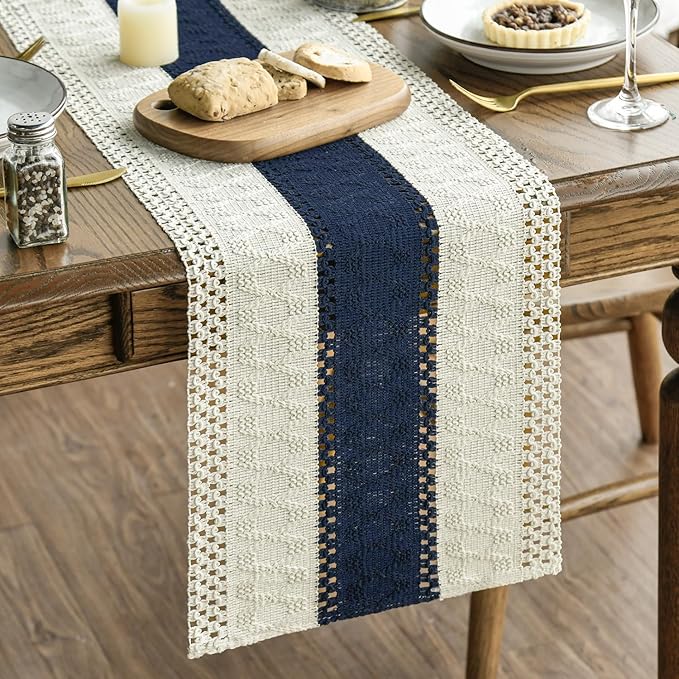 Artoid Mode Dark Blue Farmhouse Rustic Table Runner, Seasonal Holiday Hollow Kitchen Dining Table Decoration for Home Party Decor 12x108 Inch