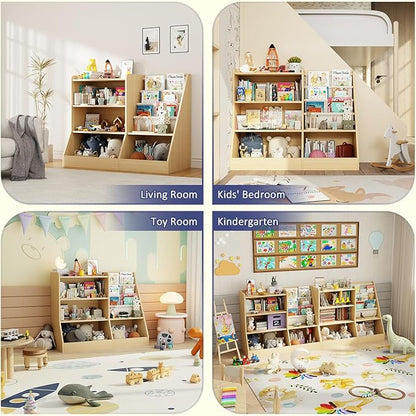 39" Large Kids Wooden Bookshelf and Toy Storage Organizer, Baby Bookcase with Sling Book Rack, Children Toddler Wooden Book Shelf for kids rooms, Playroom, Classroom, Nursery, School (Natural)