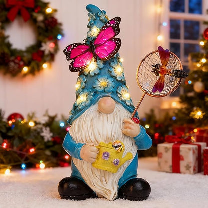Garden Gnome Statues Outdoor Decor Solar Gnomes with Butterfly on LED Lighted Flowers, Resin Blue Gnomes Sculpture for Patio Yard Lawn Onament Decoration